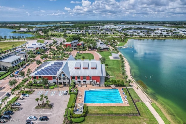 bird's eye view with a water view