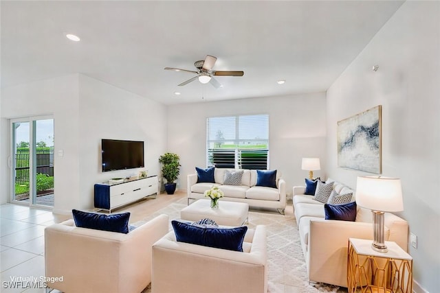 living room with ceiling fan