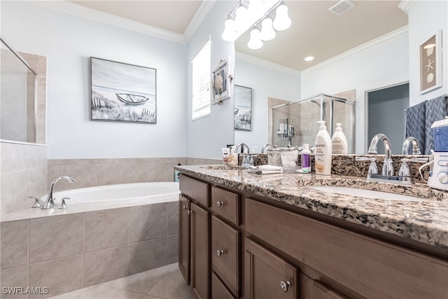 bathroom with crown molding, vanity, tile patterned floors, and plus walk in shower