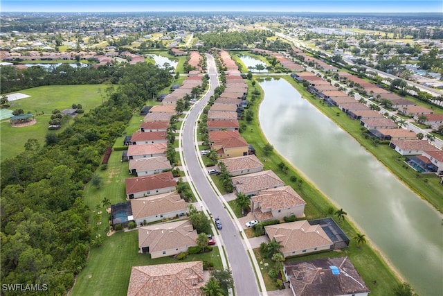 aerial view featuring a water view