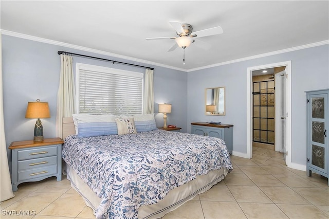 bedroom featuring ornamental molding, light tile patterned floors, and ceiling fan