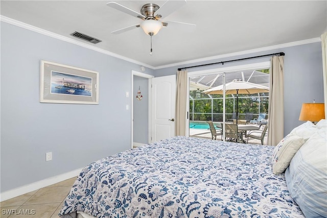 bedroom with access to exterior, ornamental molding, ceiling fan, and light tile patterned flooring