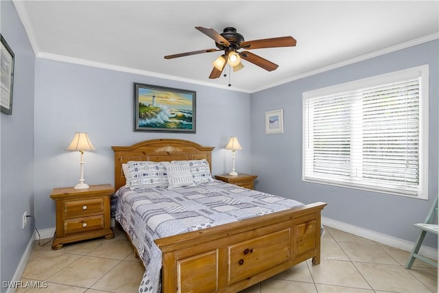 bedroom with ceiling fan, ornamental molding, and light tile patterned floors