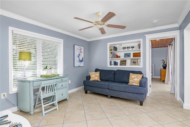 living room featuring built in shelves, ceiling fan, ornamental molding, and light tile patterned flooring