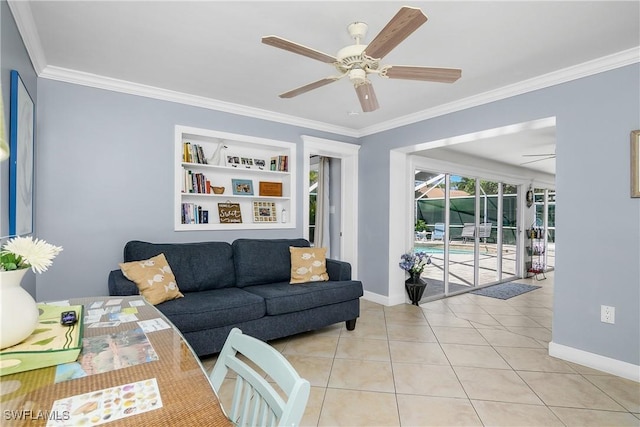 living room featuring ornamental molding, light tile patterned floors, built in features, and ceiling fan