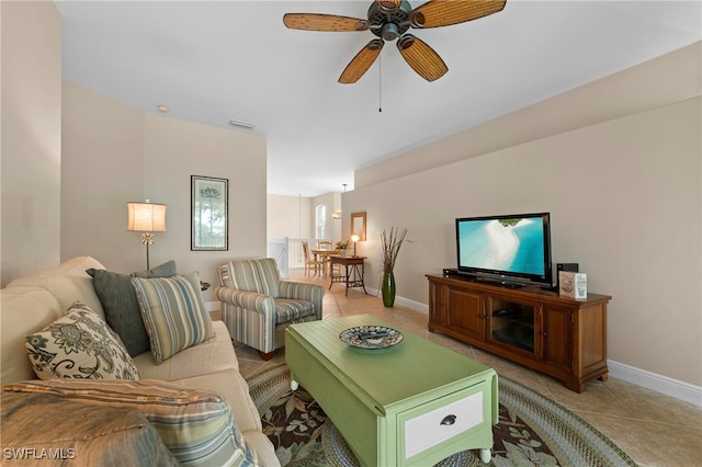 living room with ceiling fan and tile patterned floors