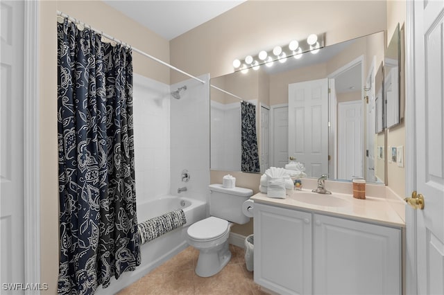 full bathroom with tile patterned flooring, vanity, toilet, and shower / bathtub combination with curtain