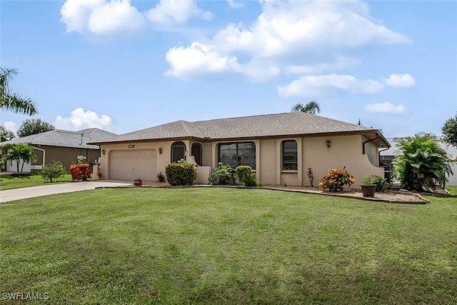 ranch-style home with a front yard and a garage