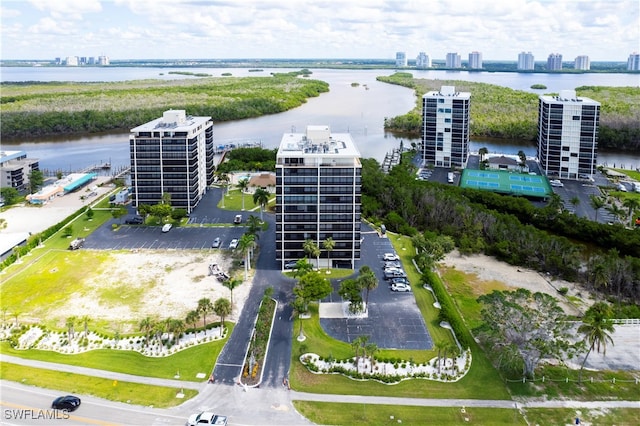 bird's eye view with a water view