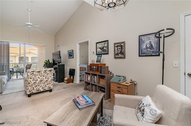 9025 Colby Dr Unit 2120, Fort Myers, FL 33919 - carpeted living room with ceiling fan and high vaulted ceiling