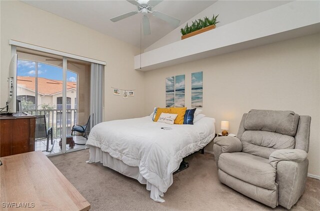 9025 Colby Dr Unit 2120, Fort Myers, FL 33919 - bedroom featuring lofted ceiling, access to outside, ceiling fan, and light colored carpet