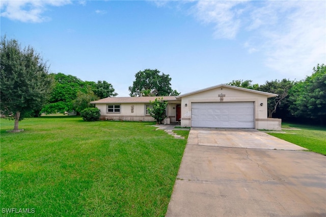 single story home with a front yard and a garage