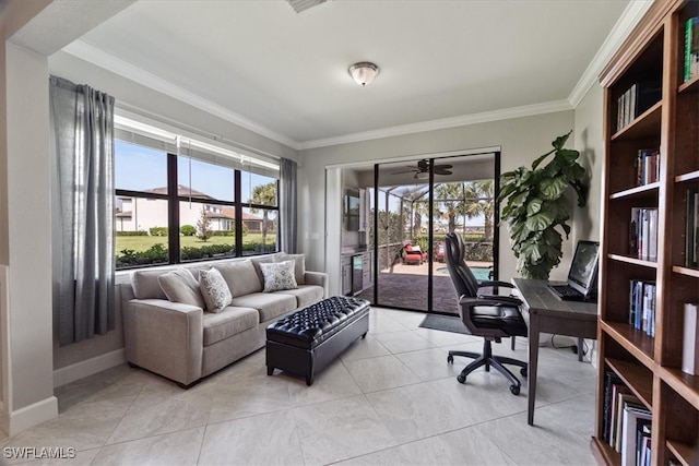 office area with ceiling fan and crown molding