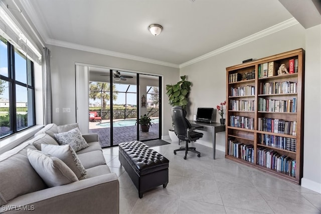 home office featuring ornamental molding, ceiling fan, and light tile patterned floors