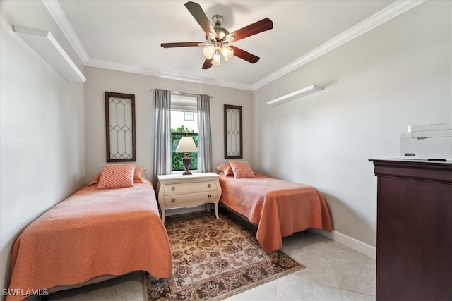 bedroom featuring light tile patterned floors, ornamental molding, and ceiling fan