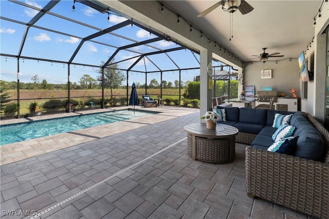 view of pool with a lanai, area for grilling, an outdoor living space, and a patio