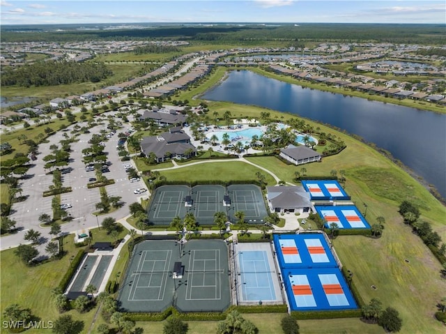 birds eye view of property featuring a water view