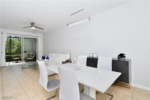 tiled dining room featuring ceiling fan