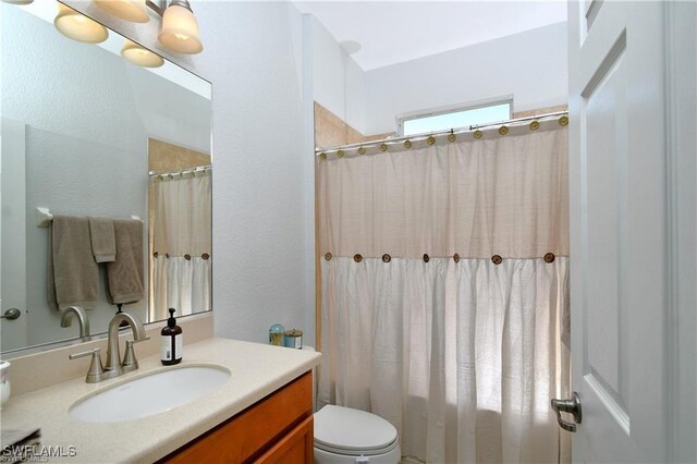 bathroom with vanity, toilet, and a shower with curtain