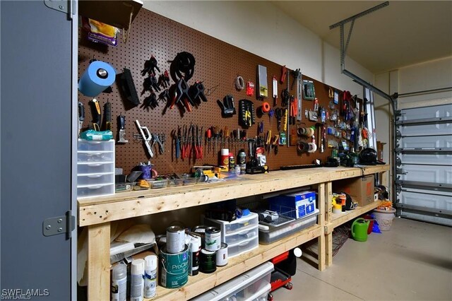 garage featuring a workshop area