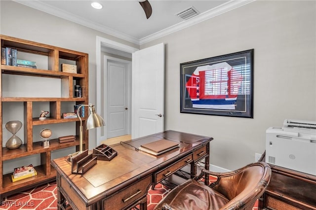 home office featuring ceiling fan, ornamental molding, visible vents, and baseboards