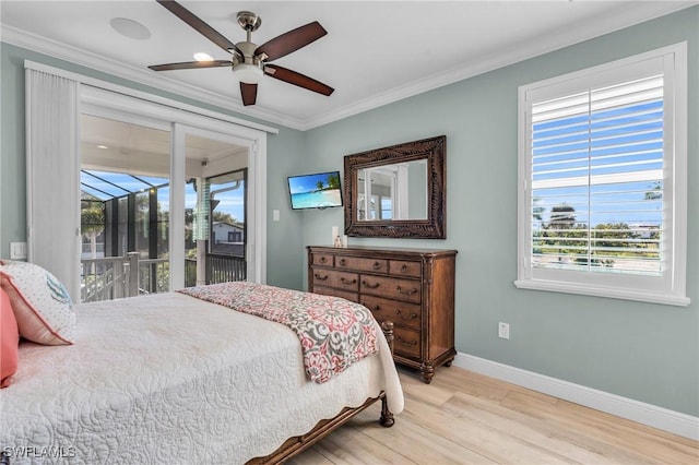 bedroom with baseboards, ceiling fan, light wood-style flooring, ornamental molding, and access to outside