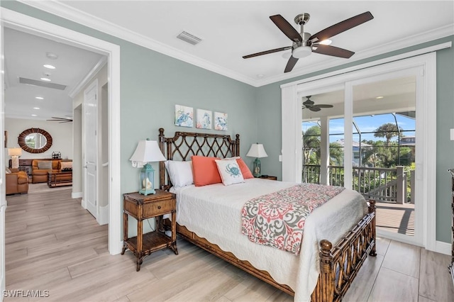 bedroom with visible vents, baseboards, access to outside, ornamental molding, and light wood finished floors