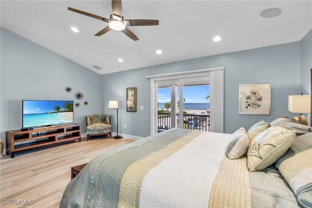 bedroom with visible vents, baseboards, access to outside, light wood-type flooring, and recessed lighting