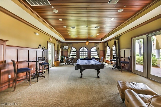 playroom with light carpet, wooden ceiling, and billiards