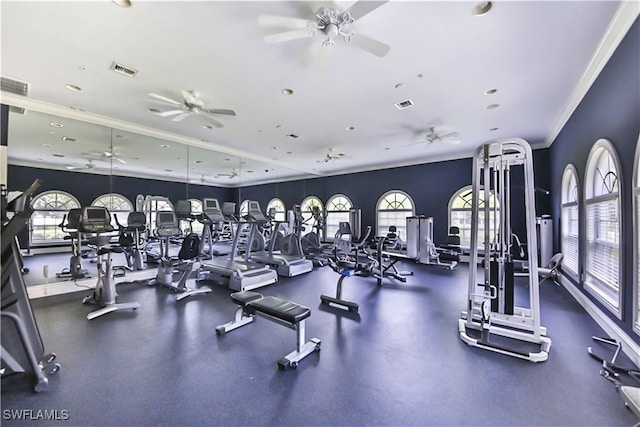 workout area featuring ornamental molding and ceiling fan