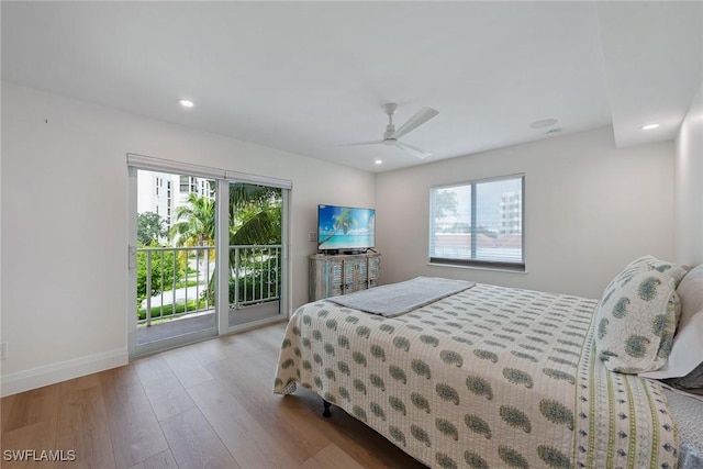 bedroom featuring access to exterior, ceiling fan, baseboards, recessed lighting, and wood finished floors