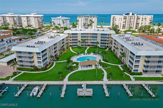 aerial view with a view of city and a water view