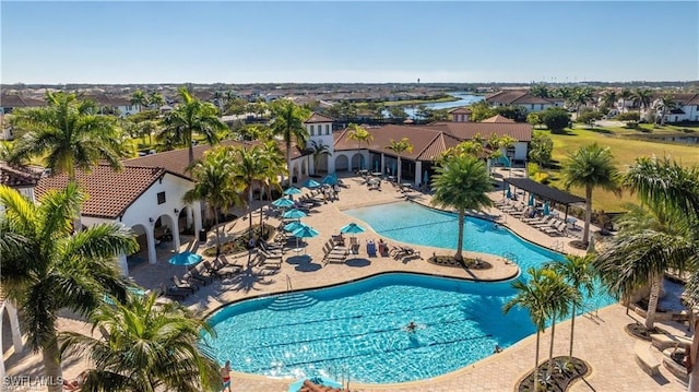 view of swimming pool featuring a patio