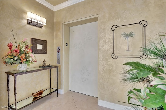 foyer entrance featuring light tile patterned flooring, crown molding, and elevator