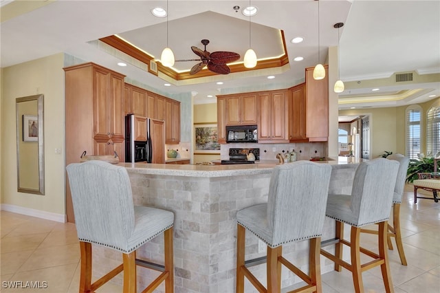 kitchen with a tray ceiling and kitchen peninsula