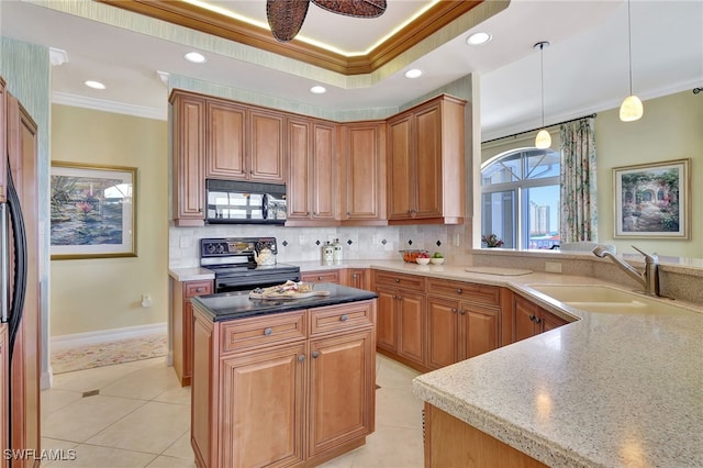 kitchen with crown molding, sink, and black appliances