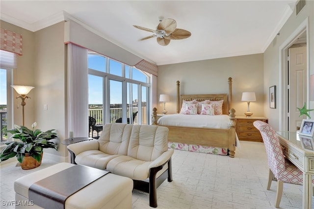 bedroom featuring access to exterior, crown molding, and ceiling fan