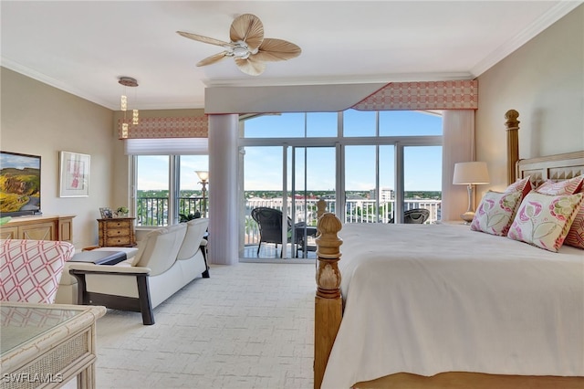 bedroom with ceiling fan, ornamental molding, and access to exterior