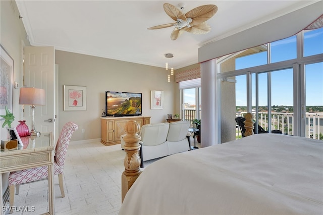 bedroom featuring ornamental molding, access to exterior, and ceiling fan