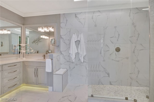 bathroom featuring a shower, ornamental molding, and vanity