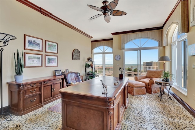 office area featuring ceiling fan, a healthy amount of sunlight, and ornamental molding