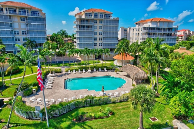 view of swimming pool featuring a patio area