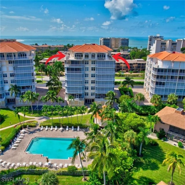 exterior space with a water view