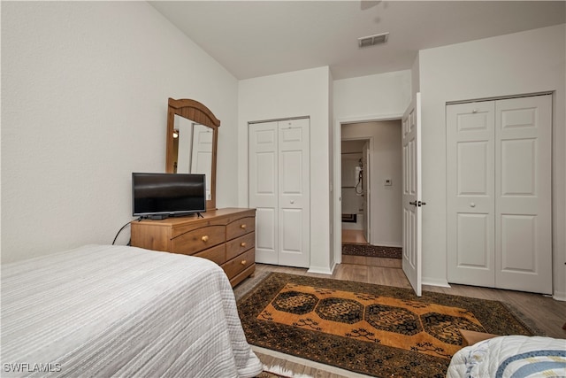 bedroom with wood-type flooring and two closets