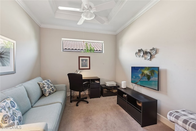 carpeted office with ornamental molding, plenty of natural light, and ceiling fan