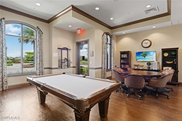 rec room featuring ornamental molding, a wealth of natural light, billiards, and dark hardwood / wood-style floors