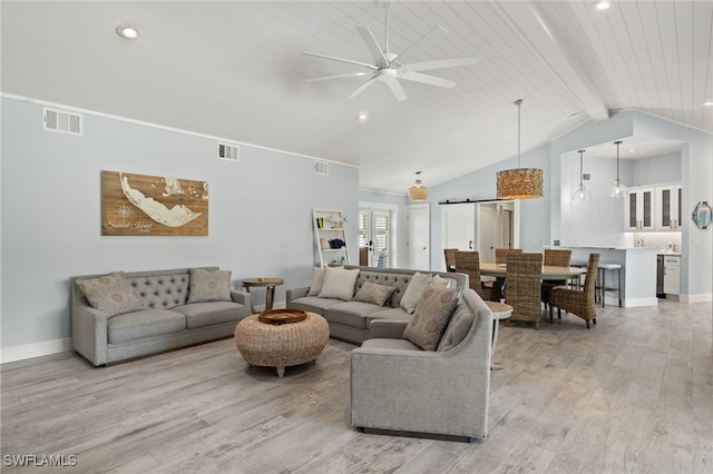 living room featuring ceiling fan, vaulted ceiling with beams, light wood-type flooring, and wooden ceiling