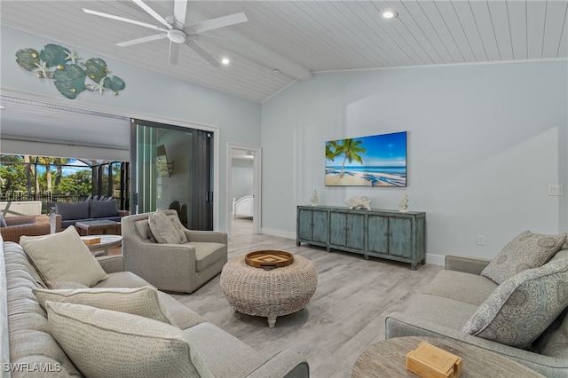 living room featuring ceiling fan, vaulted ceiling with beams, light hardwood / wood-style flooring, and wooden ceiling