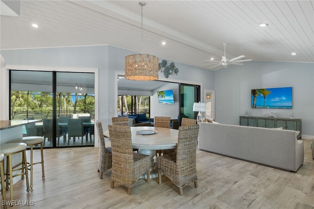 dining space featuring wood ceiling, light hardwood / wood-style floors, lofted ceiling, and ceiling fan