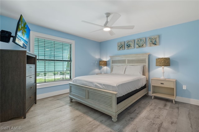 bedroom featuring ceiling fan and light hardwood / wood-style floors